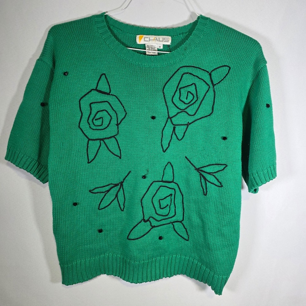 Chaus Vintage Green Floral Knit Short-Sleeve Sweater Size Medium
